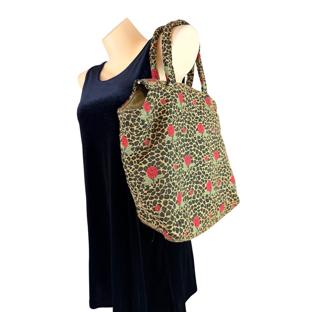 Cind E Original Vtg Leopard Rose Tapestry Tote Bag Animal Print Floral - Picture 9 of 16